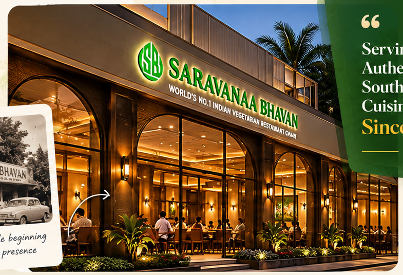 Saravanaa Bhavan restaurant glowing warmly at dusk