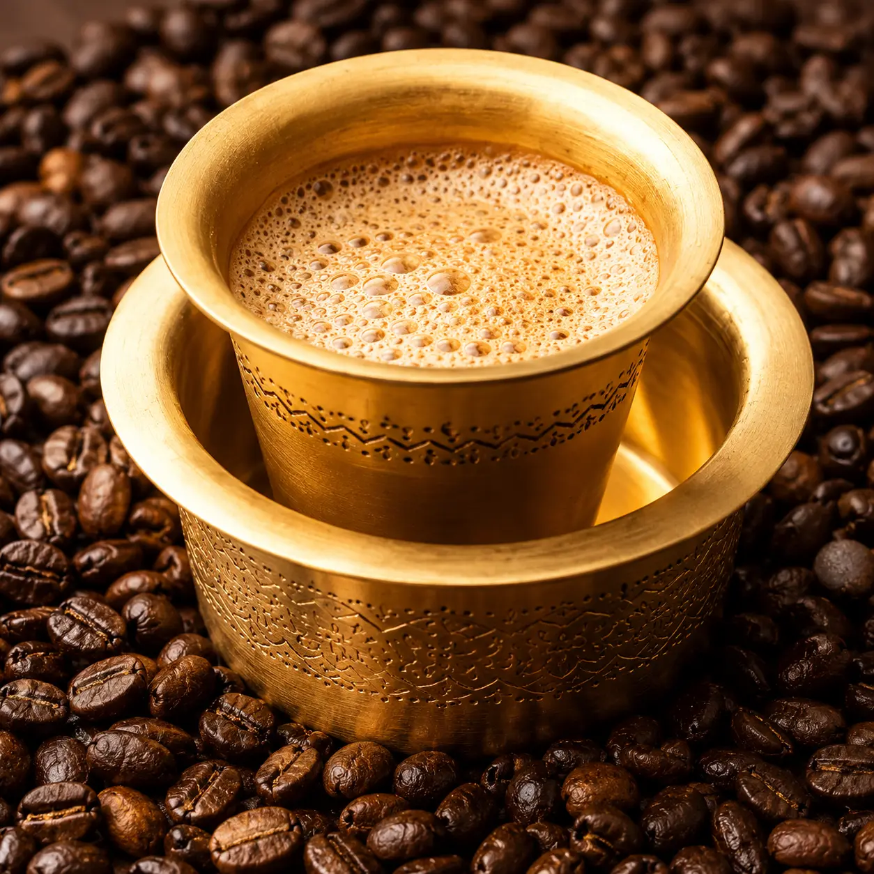 Traditional South Indian filter coffee served in a brass tumbler