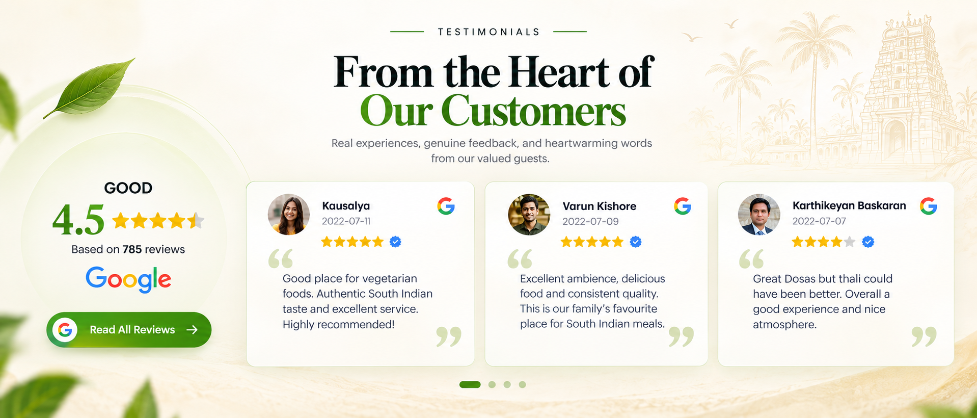 Customer testimonials, Google rating, and reviews for Saravanaa Bhavan