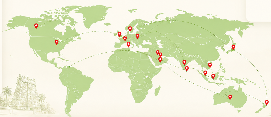 Map showing Saravanaa Bhavan locations across North America, Europe, Asia, and Australia